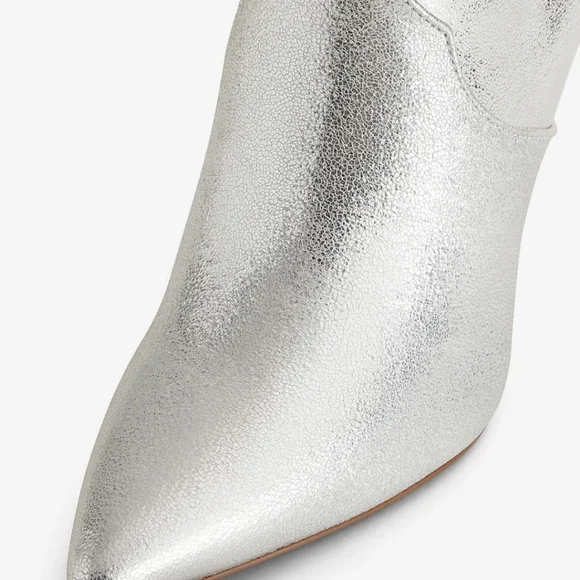 Express Pointed Toe Thin Heeled Booties. Metallic Silver. Size 8 - Picture 3 of 16
